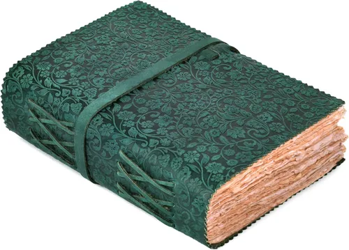 Vista 14 de LEATHER VILLAGE Diario de Cuero con Relieve Floral para Mujeres y Hombres - 200 Páginas, 6"X4"(A6), Aqua - Libro de Sombras, Diario de Viaje