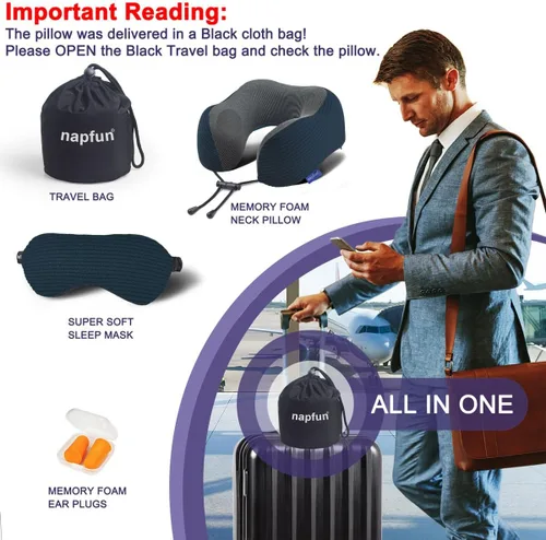 Vista 6 de napfun Almohada cervical para viajar, almohada cervical de viaje mejorada para avión, almohada de viaje de espuma viscoelástica 100% pura