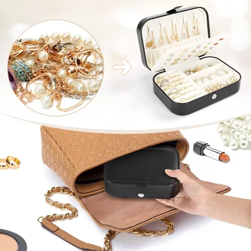 Vista 5 de Mpeyuiltic Joyero de viaje, estuche de joyería portátil de piel sintética pequeño para mujeres y niñas, organizador de joyas de viaje de doble capa