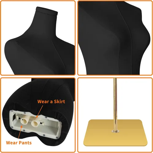 Vista 2 de Maniquí de forma de vestido para coser femenino de tela de lino negro con altura ajustable desmontable de 50 a 70 pulgadas, soporte de metal de alta