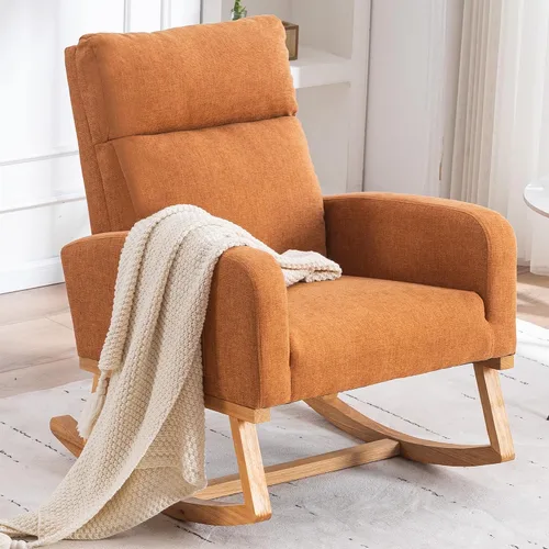 Vista 8 de Mecedora para guardería, sillas de acento modernas tapizadas de lino para enfermería, sillón acolchado para sala de estar interior, dormitorio, beige