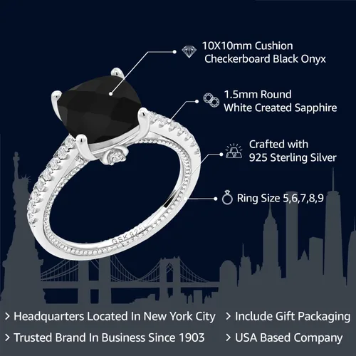 Vista 2 de Gem Stone King Anillo de compromiso de plata de ley 925 con ónix negro y zafiro blanco creado para mujer