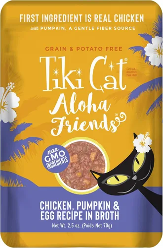 Vista 14 de Tiki Cat Aloha Friends Alimento húmedo y sin cereales para gatos de todas las edades, recetas de pollo con calabaza, sobres de 2.5 onzas