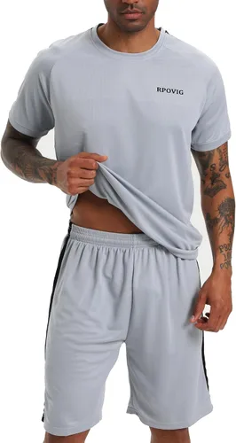 Vista 4 de RPOVIG Conjunto de entrenamiento de camisas, pantalones cortos paquete de 3 unidades de ropa para hombre, conjunto corto, gimnasio, atletismo