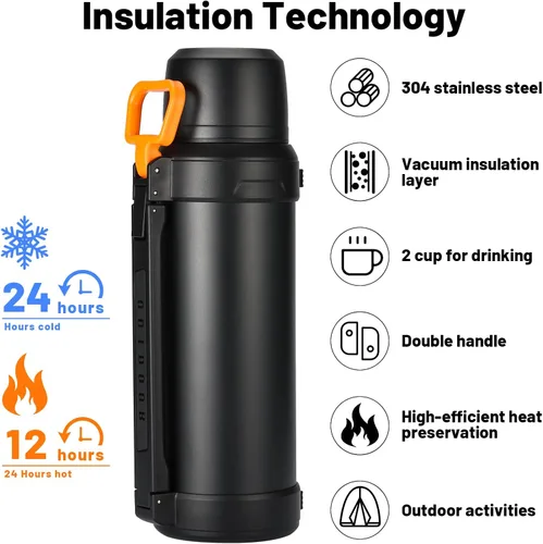 Vista 3 de 88oz Botella grande de termo para café para viajes, botella de agua de acero inoxidable aislada de 2500ml con taza y asa, jarra de agua para bebidas