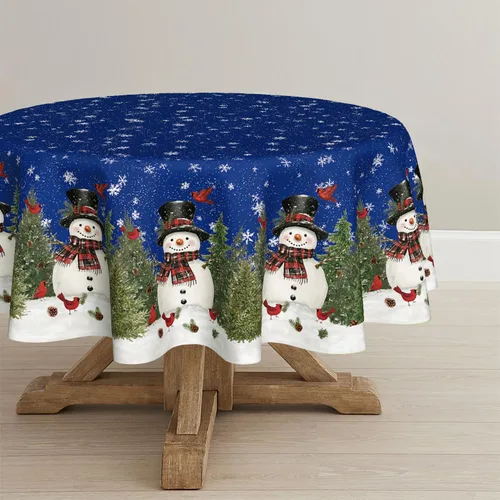 Vista 7 de Horaldaily - Mantel de Navidad rectangular de 52x70 pulgadas, diseño de muñeco de nieve y árboles azules, mantel lavable de temporada