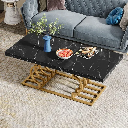 Vista 5 de LITTLE TREE Mesa de centro moderna de 47 pulgadas, mesa de cóctel de mármol sintético, mesa de té, muebles decorativos para sala de estar