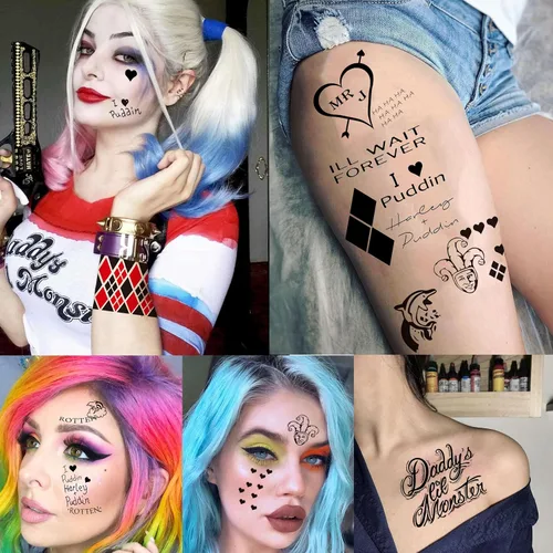 Vista 6 de TASROI 5 hojas de calcomanías de tatuaje HQ Joker para mujeres, hombres y adultos, tatuajes temporales de Halloween, kit de maquillaje de cara