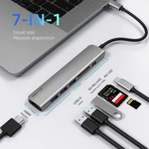 Vista 2 de WALNEW Hub USB C con HDMI 4k, entrega de energía de 100 W, lector SD/TF, puertos de datos USB 3.0, adaptador multipuerto USBC 7 en 1, base Gris