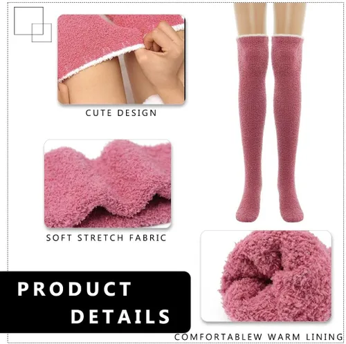 Vista 6 de Campsis Medias altas hasta la rodilla para mujer, calcetines cálidos y esponjosos hasta el muslo, calcetines acogedores de forro polar coral, regalo