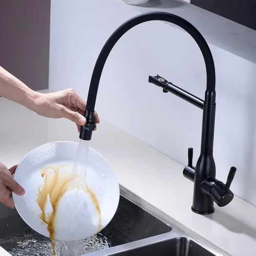 Vista 6 de TRUSTMI Grifo de cocina negro con rociador extraíble, acoplamiento magnético, un solo agujero, 2 asas, con boquilla de agua potable, negro mate