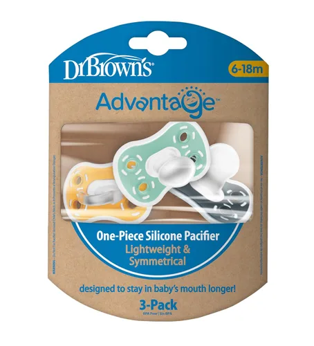 Vista 2 de Dr. Brown's Chupete Advantage de una pieza de silicona para bebé, chupete completamente simétrico, gris oscuro/verde/amarillo, 6-18m, libre de BPA