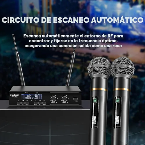 Vista 4 de Sistema de micrófono inalámbrico de doble canal Gimkuls, 2 micrófonos de mano 200 frecuencias UHF seleccionables, escaneo automático, rango de 328