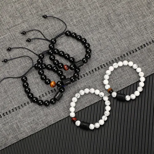 Vista 5 de Pulsera del zodiaco para hombres y mujeres, 0.315 pulgadas, 0.394 pulgadas, piedra blancanegra, bendición de la suerte, con cuentas, signo