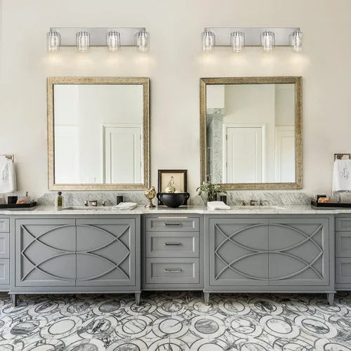 Vista 6 de Lámpara de tocador de 4 luces de níquel cepillado, cristal de burbujas con luces regulables de 3 colores, moderna lámpara de pared para baño