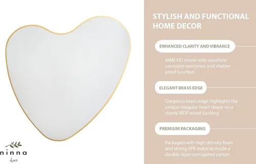 Vista 8 de Espejo de pared de corazón irregular Bonita forma dibujada a mano Elegante borde de latón sin marco Decoración moderna del hogar