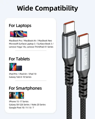 Vista 4 de Cable USB C a USB C, cable de carga rápida USB C a C de 240 W