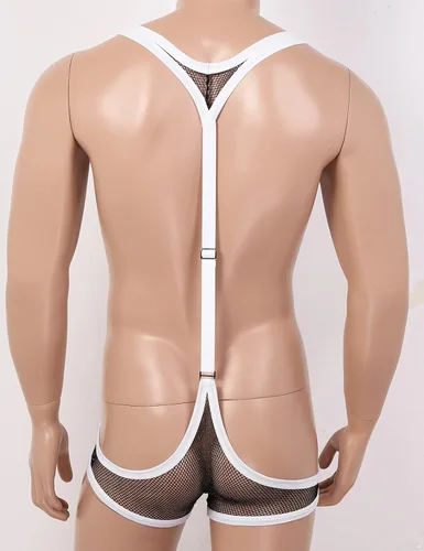Vista 4 de ACSUSS Leotardo de malla de una pieza para hombre, con espalda en Y, con tirantes cruzados