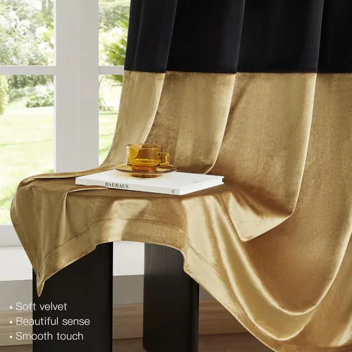 Vista 5 de BULBUL Cortinas de terciopelo 100% opacas negro oro, cortinas modernas con forro de 63 pulgadas de largo, cortinas térmicas con ojales para sala