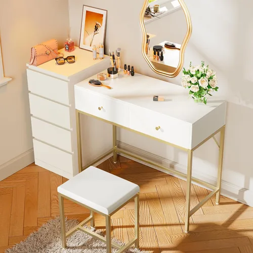 Vista 4 de SUPERJARE Escritorio blanco y dorado de 35.4 pulgadas con 2 cajones, tocador de maquillaje moderno con taburete acolchado, escritorio pequeño