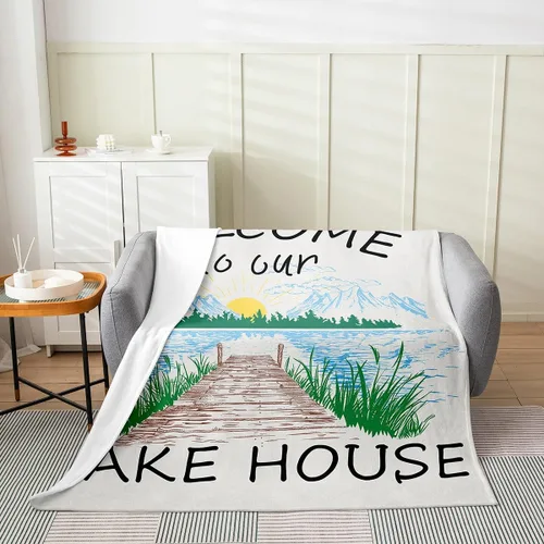 Vista 3 de Lake House Flannel Blanket,Hand Drawn Lake Mountain Scenery Fleece Blankets for Kids Girls Boys Adult Room Decor,Rustic Farmhouse Blankets Lake