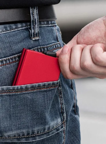 Vista 30 de VULKIT Cartera desplegable, soporte minimalista para tarjetas de crédito, bloqueo RFID, funda de metal delgada para hombres