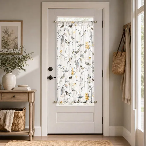 Vista 9 de VOGOL - Cortina decorativa con patrón de pájaros para puerta delantera, cortinas francesas de cocina con reducción de vista, 1 panel de lino