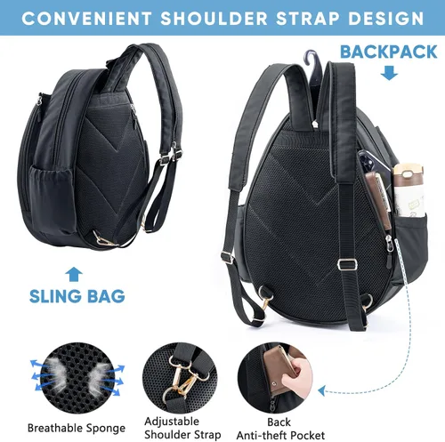 Vista 5 de Mochila de Tenis con Soporte para 2 Raquetas, Bolsa de Raqueta de Tenis de Cuero PU Resistente al Agua para Mujeres y Hombres, Mochila Deportiva