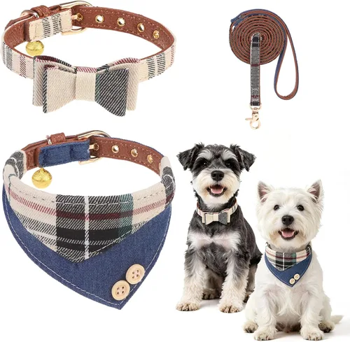 Vista 13 de BINGPET Juego de collar y correa para cachorro con pajarita, pañuelo a Beige