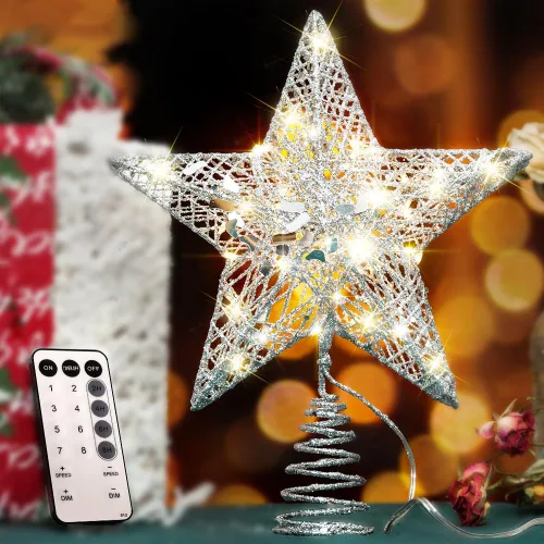 Vista 8 de YAUNGEL Estrella para la Copa del Árbol de Navidad, Estrella para la Copa del Árbol con 40 LED y Control Remoto Operado por Batería Luces Cálidas