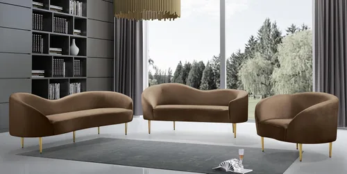 Vista 8 de Meridian Furniture 659Brown-L Ritz Collection Modern Sofá biplaza tapizado contemporáneo con terciopelo marrón intenso, patas de metal dorado