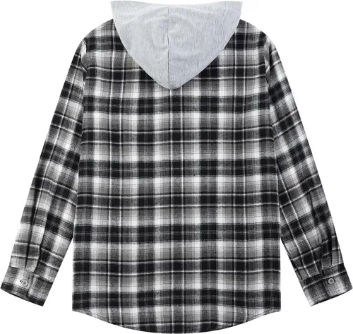 Vista 6 de HOOGRIN Camisas unisex de franela a cuadros para niño y niña, camisa de manga larga con capucha para niños de 5 a 12 años