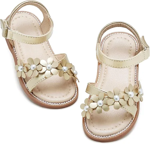 Vista 56 de Sandalias de verano para niñas con puntera abierta, sandalias planas de princesa con suela cómoda D742 Oro