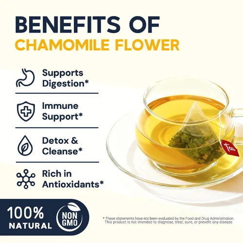 Vista 4 de Bolsitas de Té de Manzanilla, Té Herbal de Flores de Manzanilla - Sin Azúcar, Sin Cafeína, 50 Bolsitas Flores de manzanilla secas, aroma floral