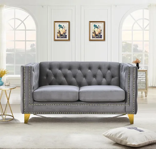 Vista 12 de Sofá de terciopelo de 3 plazas, cómodos sofás para sala de estar, sofá moderno con respaldo copetudo y decoración de remaches, sofá largo tapizado
