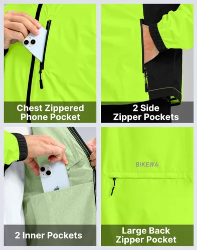 Vista 5 de Bikewa - Chaqueta de lluvia para hombre, impermeable, para ciclismo, con capucha, ligera, plegable, cortavientos para bicicleta, chaqueta de running