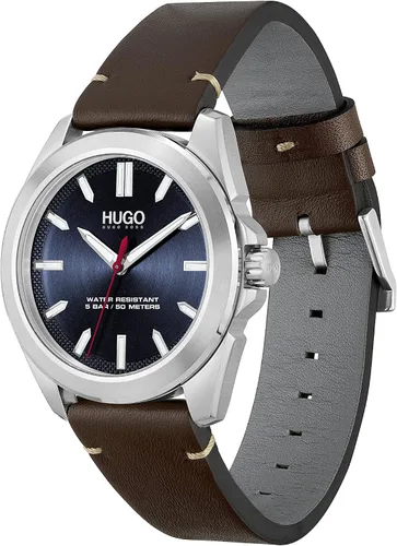 Vista 2 de HUGO Reloj de cuarzo para hombre de acero inoxidable con correa de piel, marrón, 22 (modelo 1530226), Marrón, Reloj de cuarzo