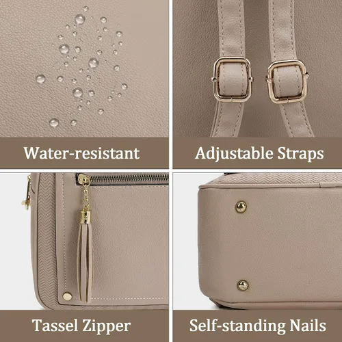 Vista 5 de Mini mochila antirrobo para mujer, bonita mochila escolar para adolescentes y niñas con cremallera segura y borla, Caqui, Mochilas de viaje