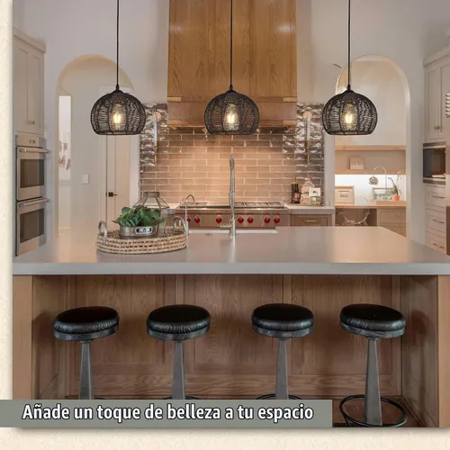 Vista 3 de Ayshwill Dec Lámpara de araña negra tejida estilo boho de ratán y mimbre con cúpula, lámpara colgante para comedor, dormitorio, isla de cocina