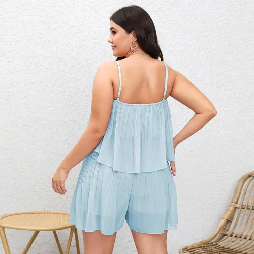 Vista 2 de EXLURA Overol corto de verano para mujer, talla grande, cuello cuadrado, volantes, tirantes delgados, plisado, sin mangas, con vuelo