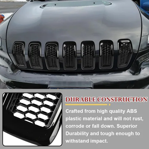 Vista 3 de JSCARLIFE J-eep Cherokee 2014-2018 ABS Honeycomb Grille Inserts Kit de 7 piezas - Cubiertas de malla estilo OEM Instalación con clip, moldura Negro