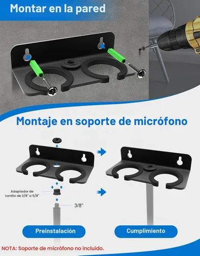 Vista 2 de Soporte de micrófono doble para soporte, montado en la pared para 2