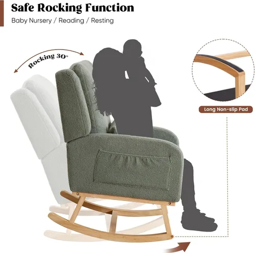 Vista 3 de HCHAIRH Mecedora para cuarto de bebé, silla mecedora para amamantar, con respaldo alto, tapizada, moderna, con acento, para sala de estar Verde