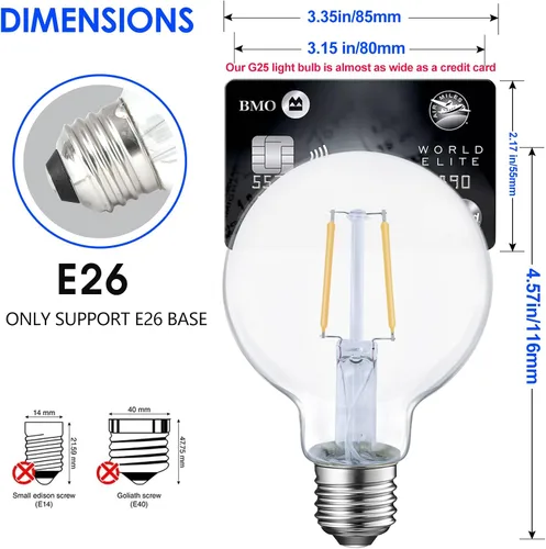Vista 2 de Energetic Lighting Edison - Bombilla LED regulable, globo G25, equivalente a 60 W, luz blanca suave de 2700 K, base norma E26, con certificación UL