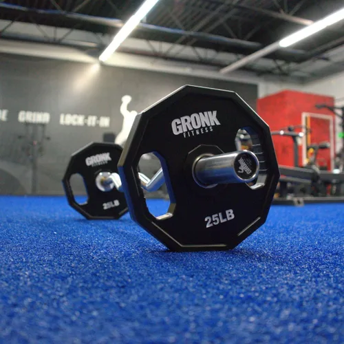 Vista 4 de Gronk Fitness Placas de pesas olímpicas de uretano de 10 lados Pesas duraderas para gimnasios domésticos y comerciales Diseño no rodante