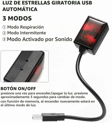 Vista 4 de SOCAL-LED LIGHTING Proyector de Estrellas USB para Automóvil Azul Rojo Luz Nocturna Interior Luces LED Decorativas Románticas de Techo con Rotación