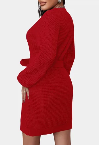 Vista 3 de ZESICA Women's 2024 Fall Long Sleeve Solid Color Waffle Knitted Tie Waist Tunic Pullover Sweater Dress