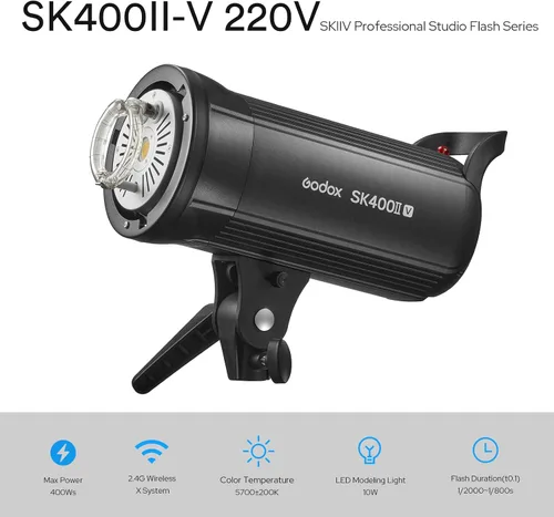 Vista 2 de Godox SK400II-V Studio Strobe, nueva versión mejorada de SK400II, sistema inalámbrico X de 400 W 2.4G GN65 5700K Monolight con lámpara de modelado