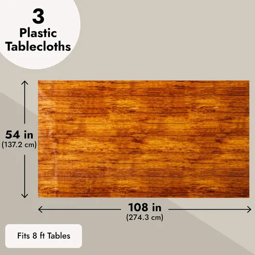 Vista 4 de Blue Panda Paquete de 3 manteles de grano de madera para mesas rectangulares, mantel de plástico de madera marrón, 54 x 108 pulgadas, mantel