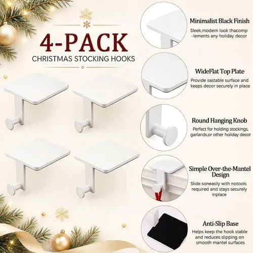 Vista 6 de 4 Pack White Christmas Stocking Holders for Mantle, Heavy Duty Metal Hooks